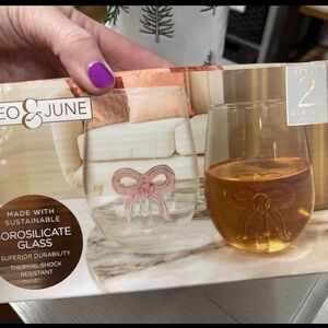 Pink Bow Ribbon Coquette Glass Stemless Wine Glasses Set of 2 Borosilicate NWT